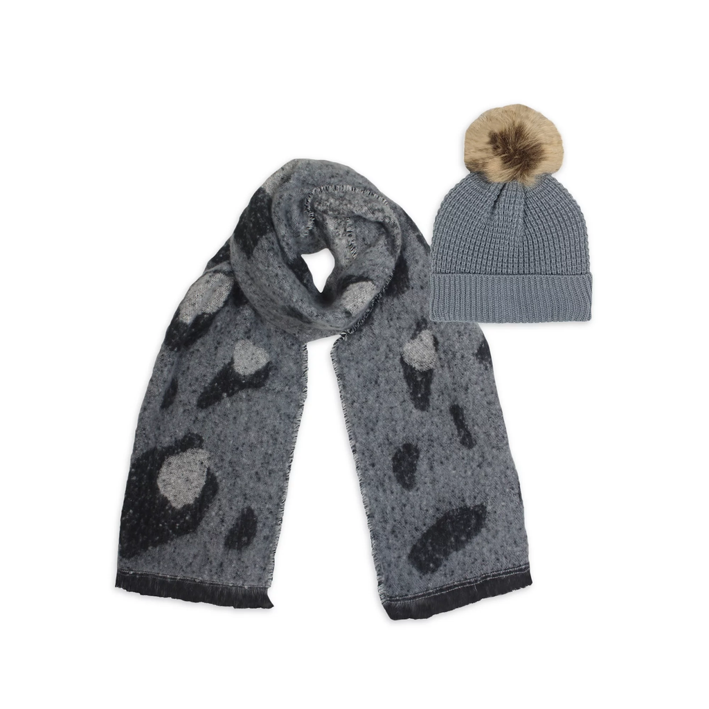 Women's Oversized Scarf with Noodle Fringe and Waffle Beanie with Faux Fur