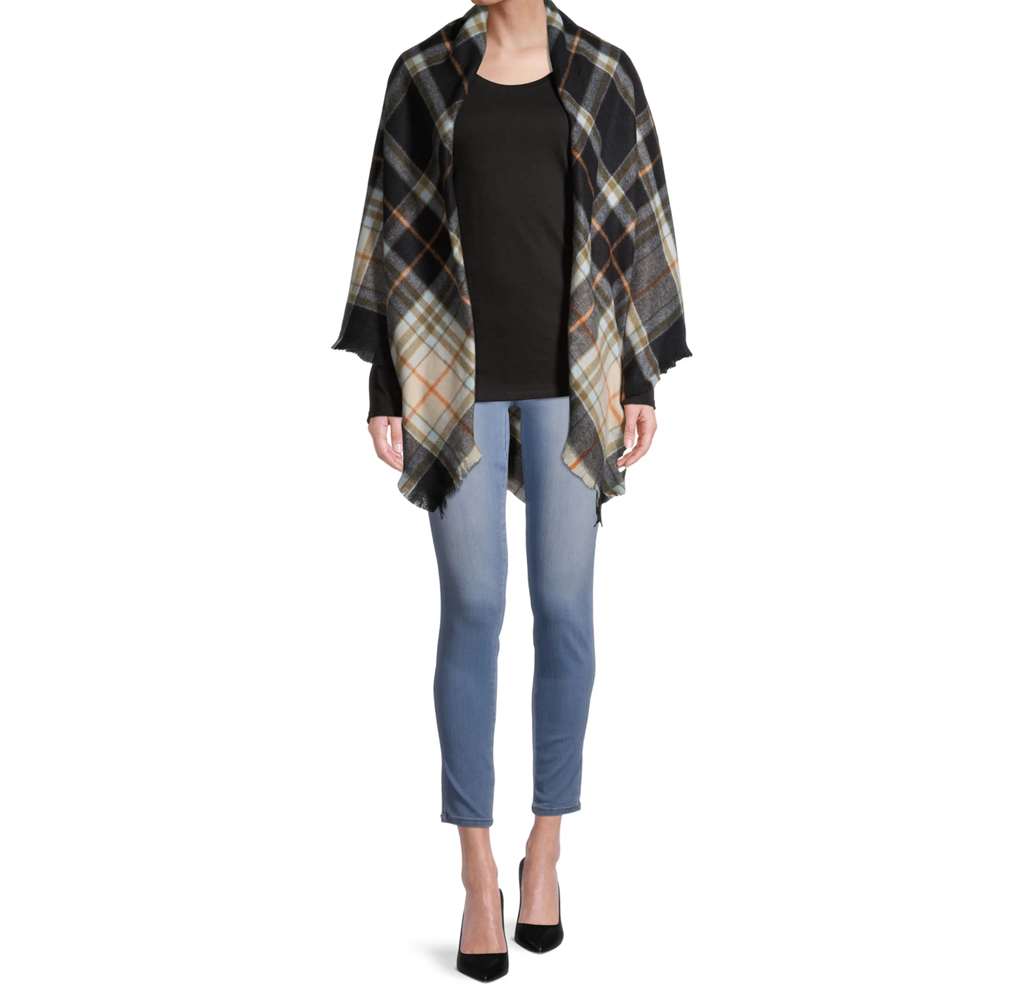 Women's Plaid Square Blanket Scarf with Fray