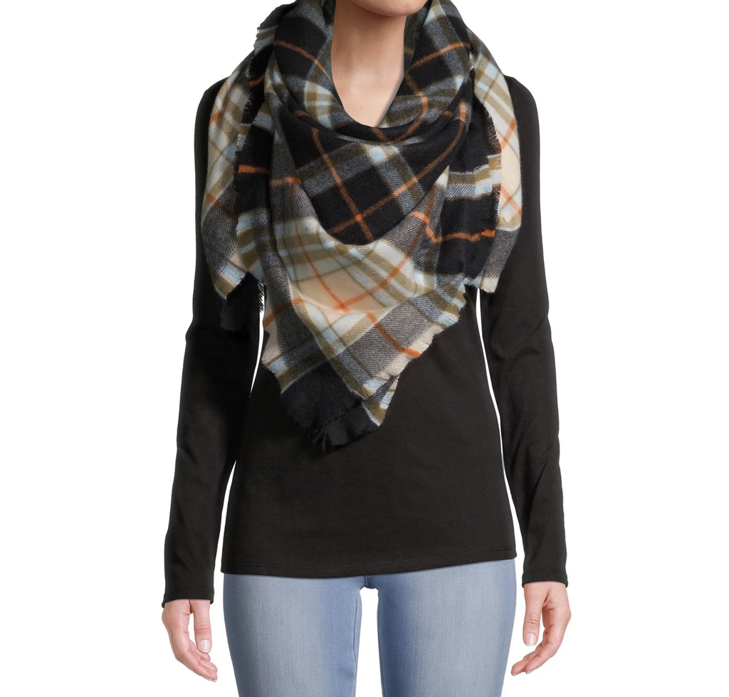Women's Plaid Square Blanket Scarf with Fray