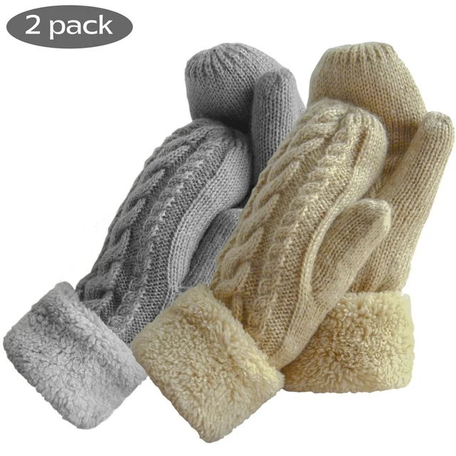 Women Warm Lining Mittens- Cozy Knit Thick Cold Weather Gloves 2Piece Set