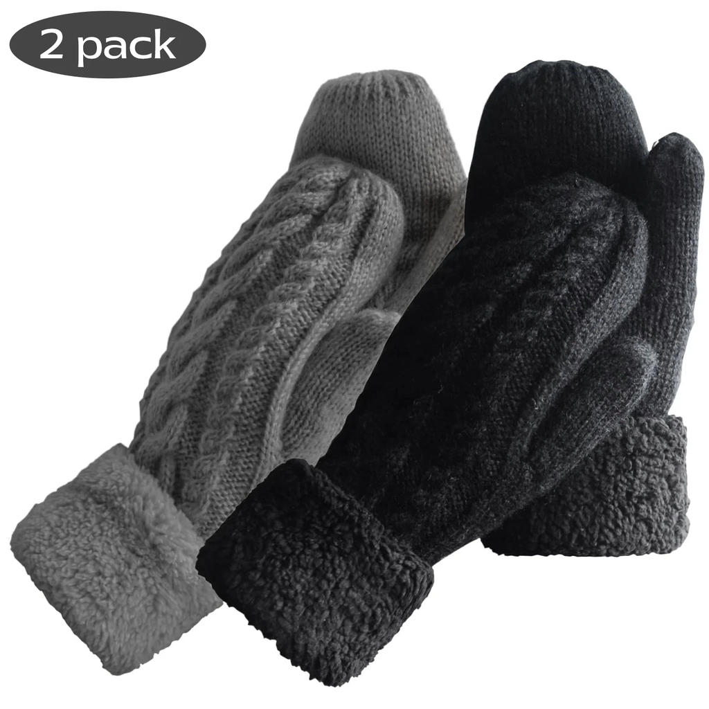 Women Warm Lining Mittens- Cozy Knit Thick Cold Weather Gloves 2Piece Set