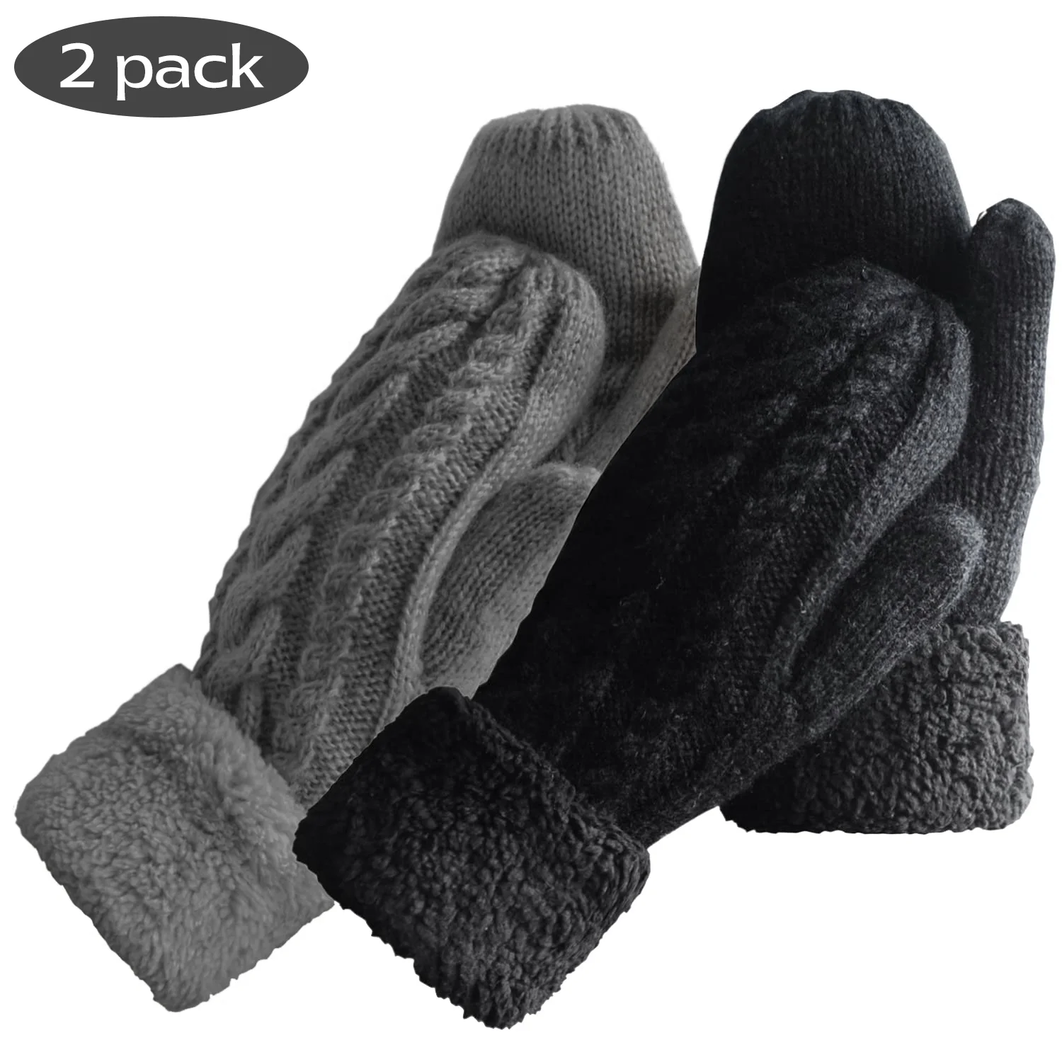 Women Warm Lining Mittens- Cozy Knit Thick Cold Weather Gloves 2Piece Set