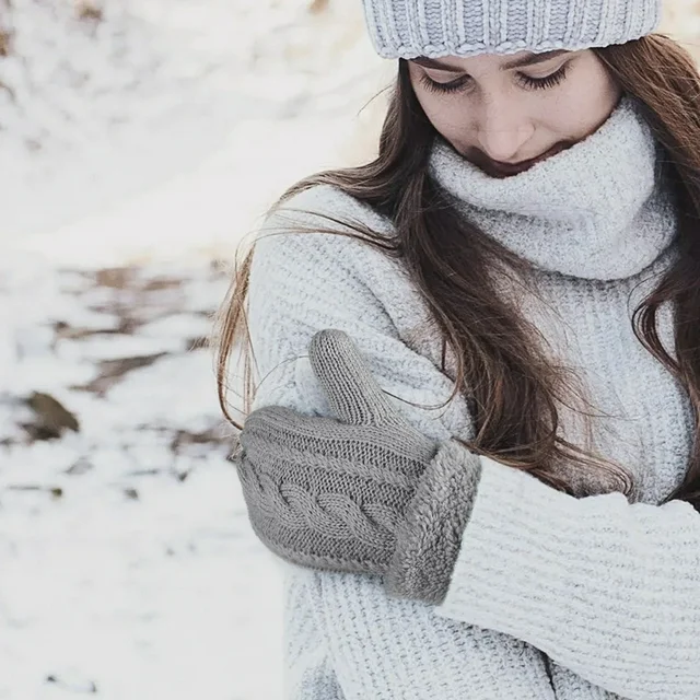Women Warm Lining Mittens- Cozy Knit Thick Cold Weather Gloves 2Piece Set