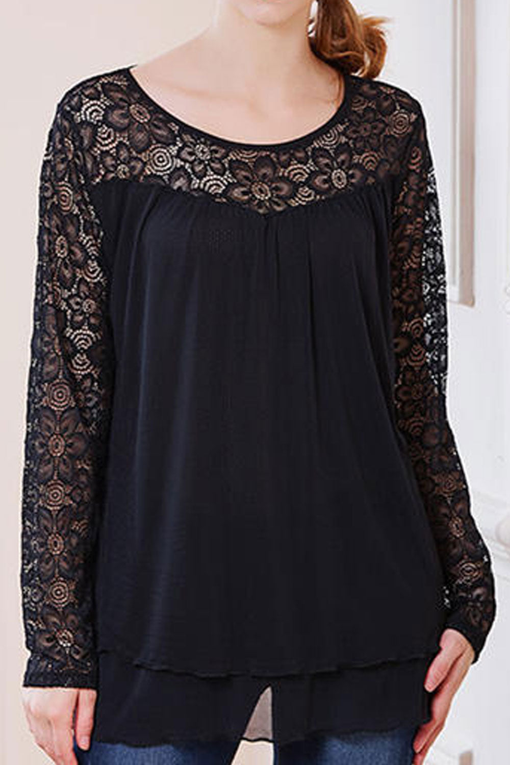 Women Round Lace Trim Floral Neck Casual Blouse Black