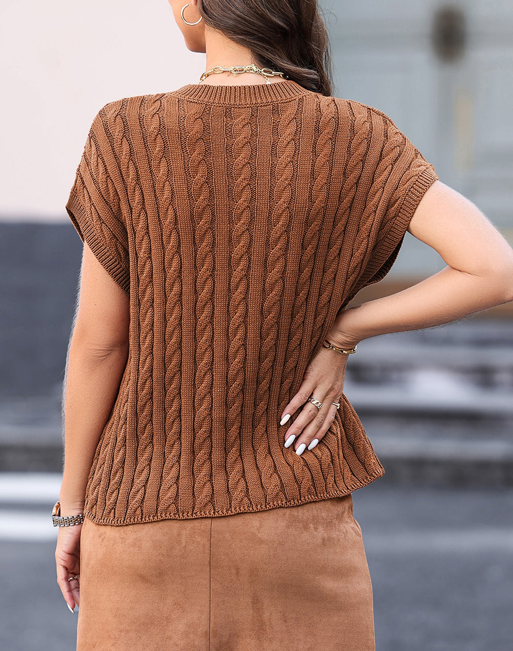Cable-Knit Round Neck Cap Sleeve Sweater