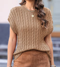 Cable-Knit Round Neck Cap Sleeve Sweater