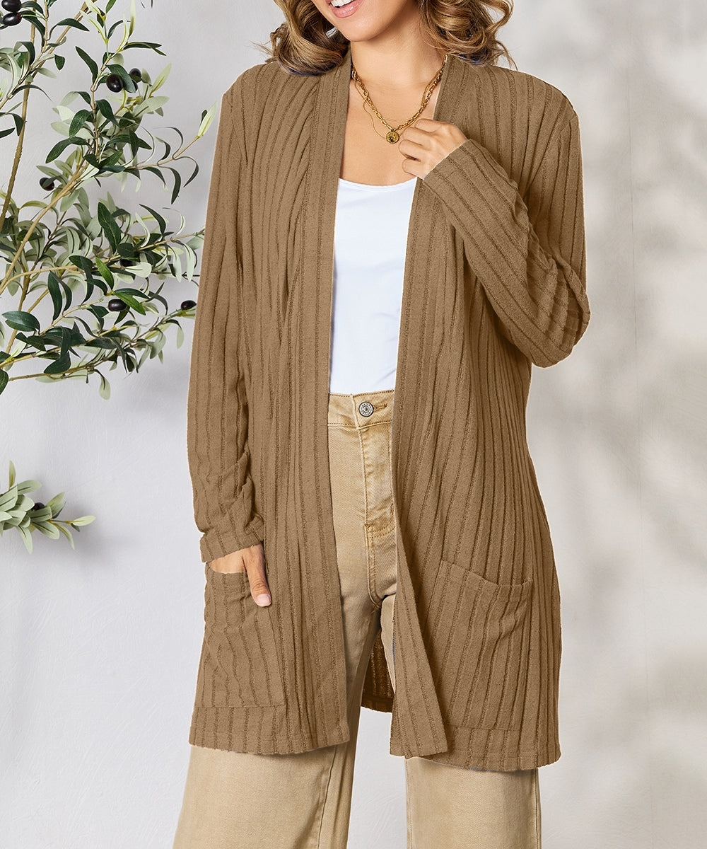 Women Basic Bae Full Size Ribbed Open Front Cardigan with Pockets