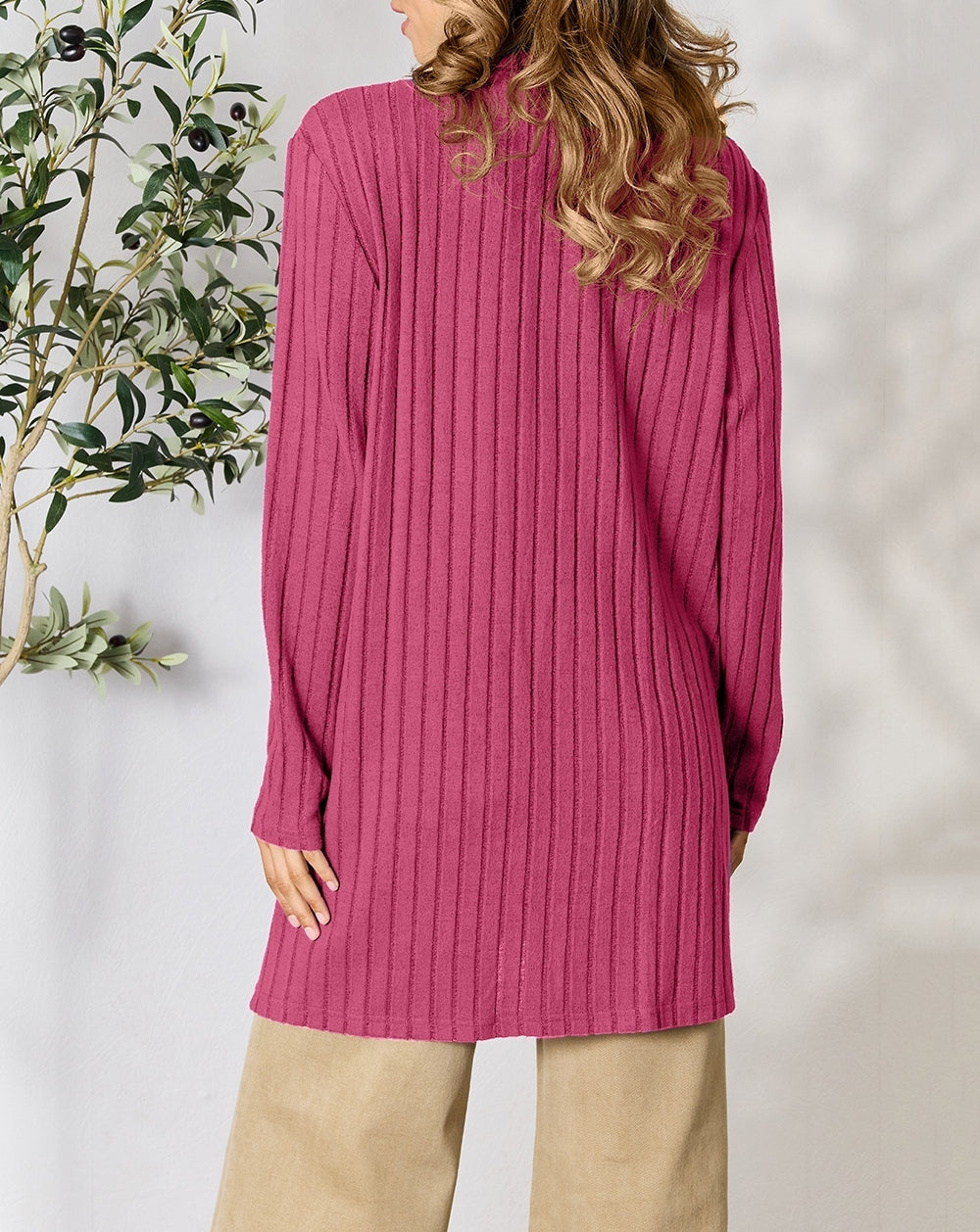 Women Basic Bae Full Size Ribbed Open Front Cardigan with Pockets