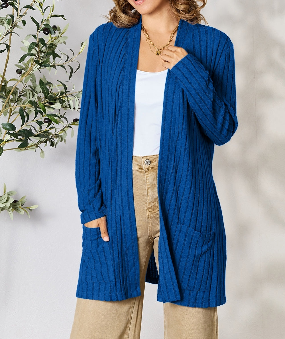 Women Basic Bae Full Size Ribbed Open Front Cardigan with Pockets