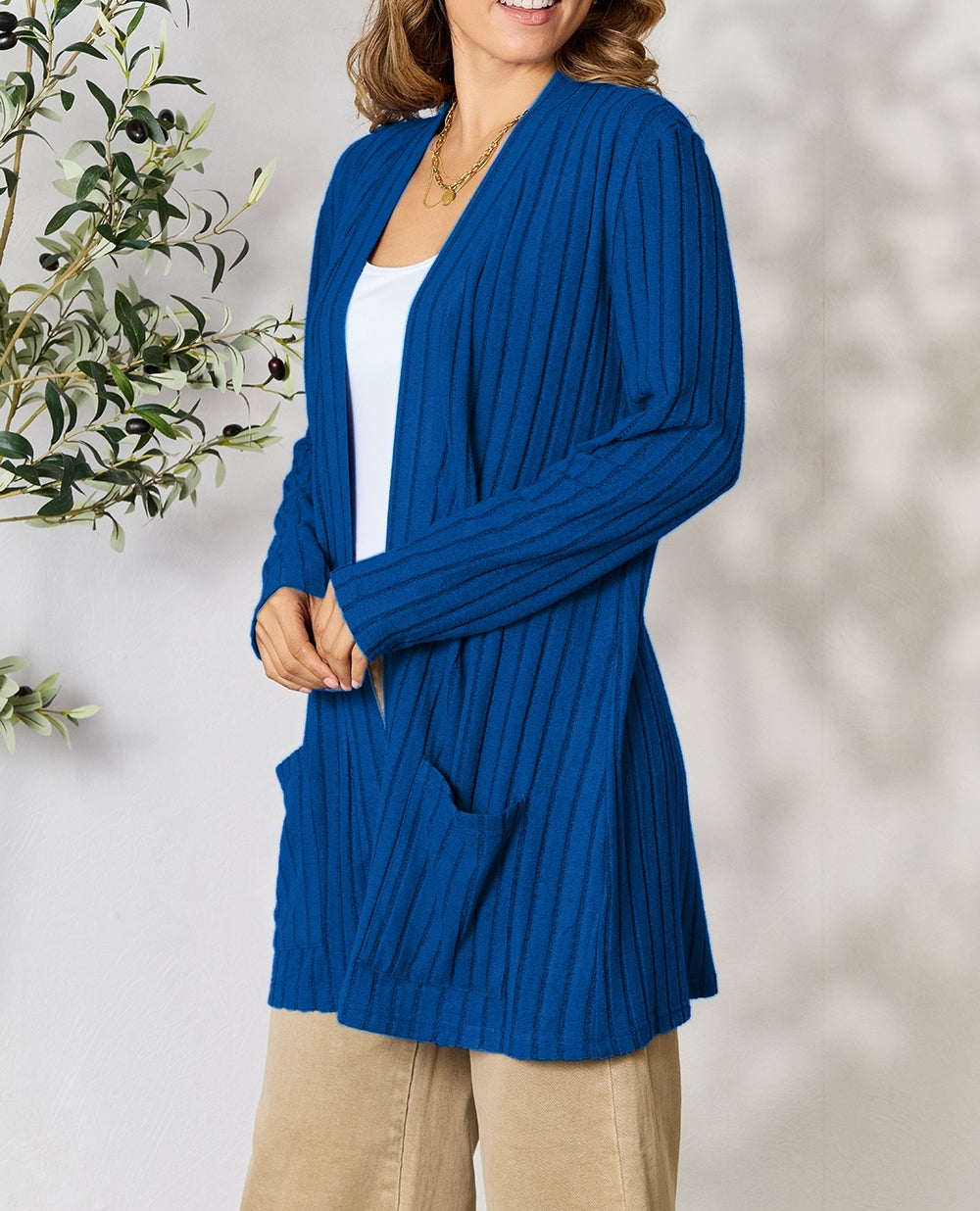 Women Basic Bae Full Size Ribbed Open Front Cardigan with Pockets