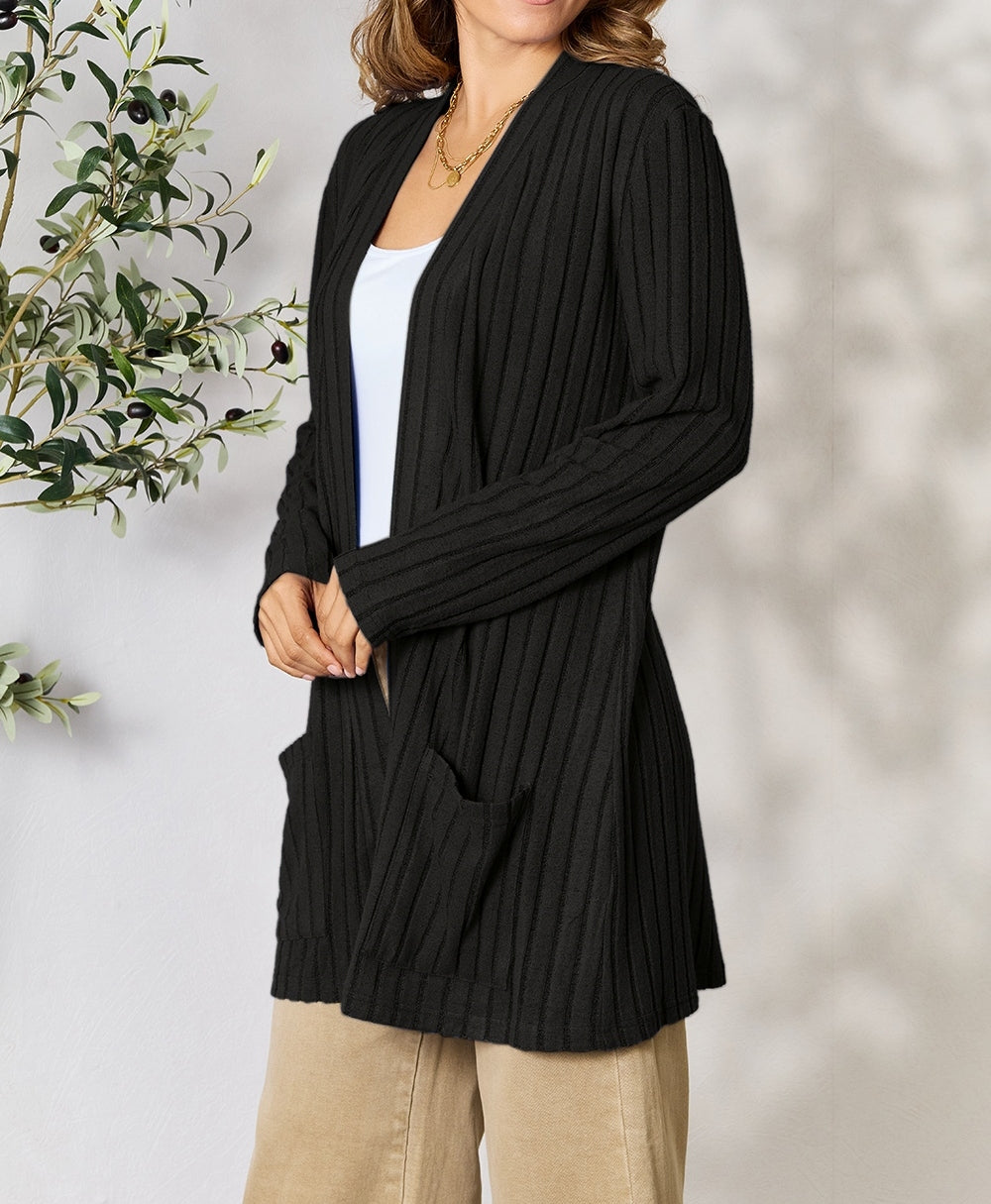 Women Basic Bae Full Size Ribbed Open Front Cardigan with Pockets