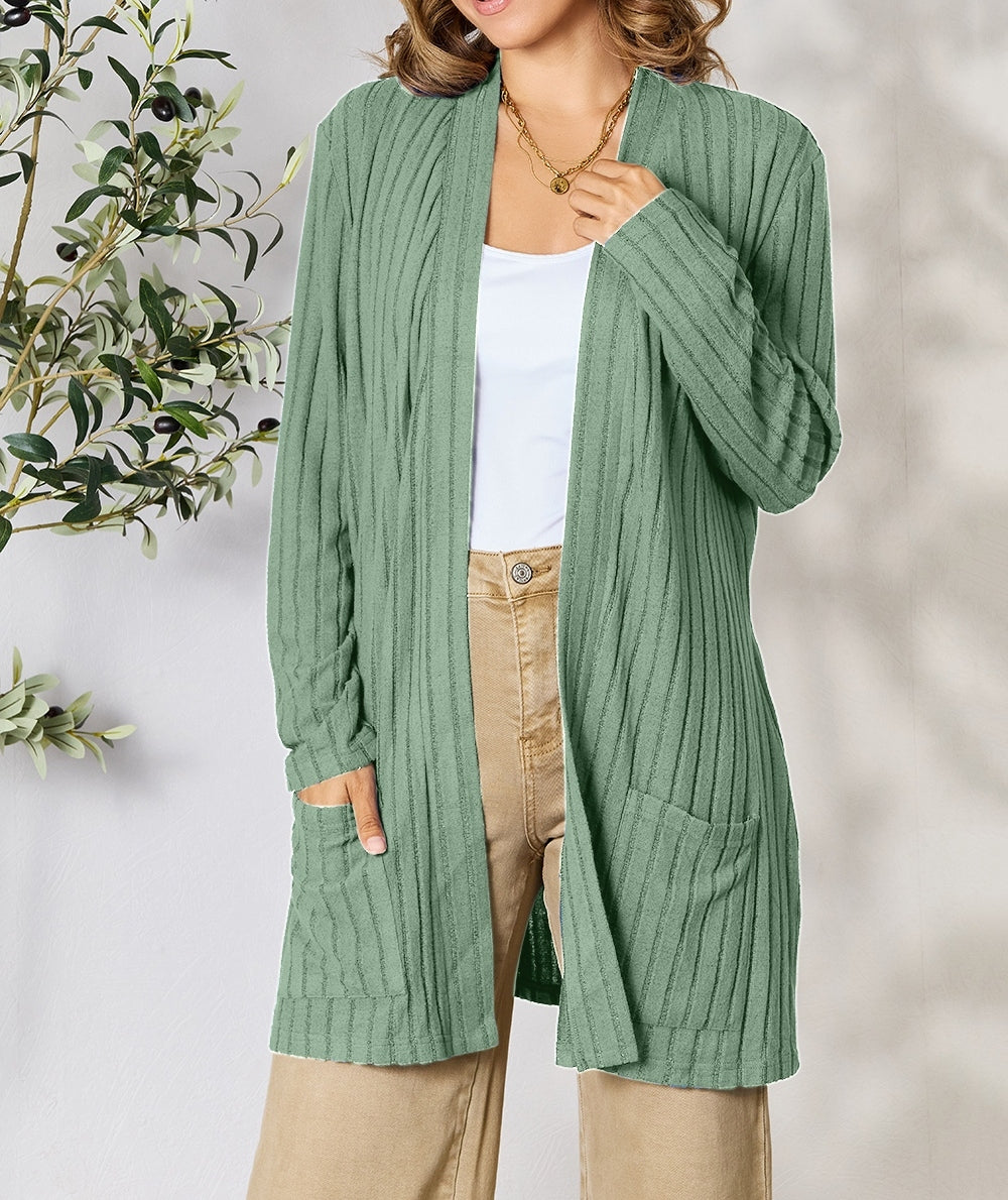 Women Basic Bae Full Size Ribbed Open Front Cardigan with Pockets