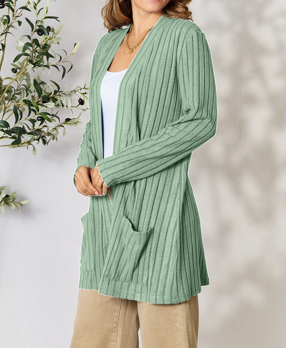 Women Basic Bae Full Size Ribbed Open Front Cardigan with Pockets