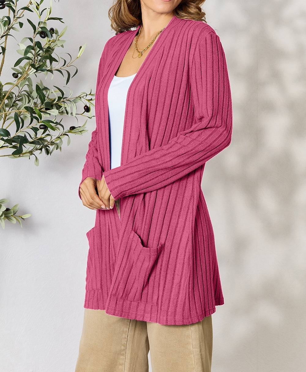 Women Basic Bae Full Size Ribbed Open Front Cardigan with Pockets