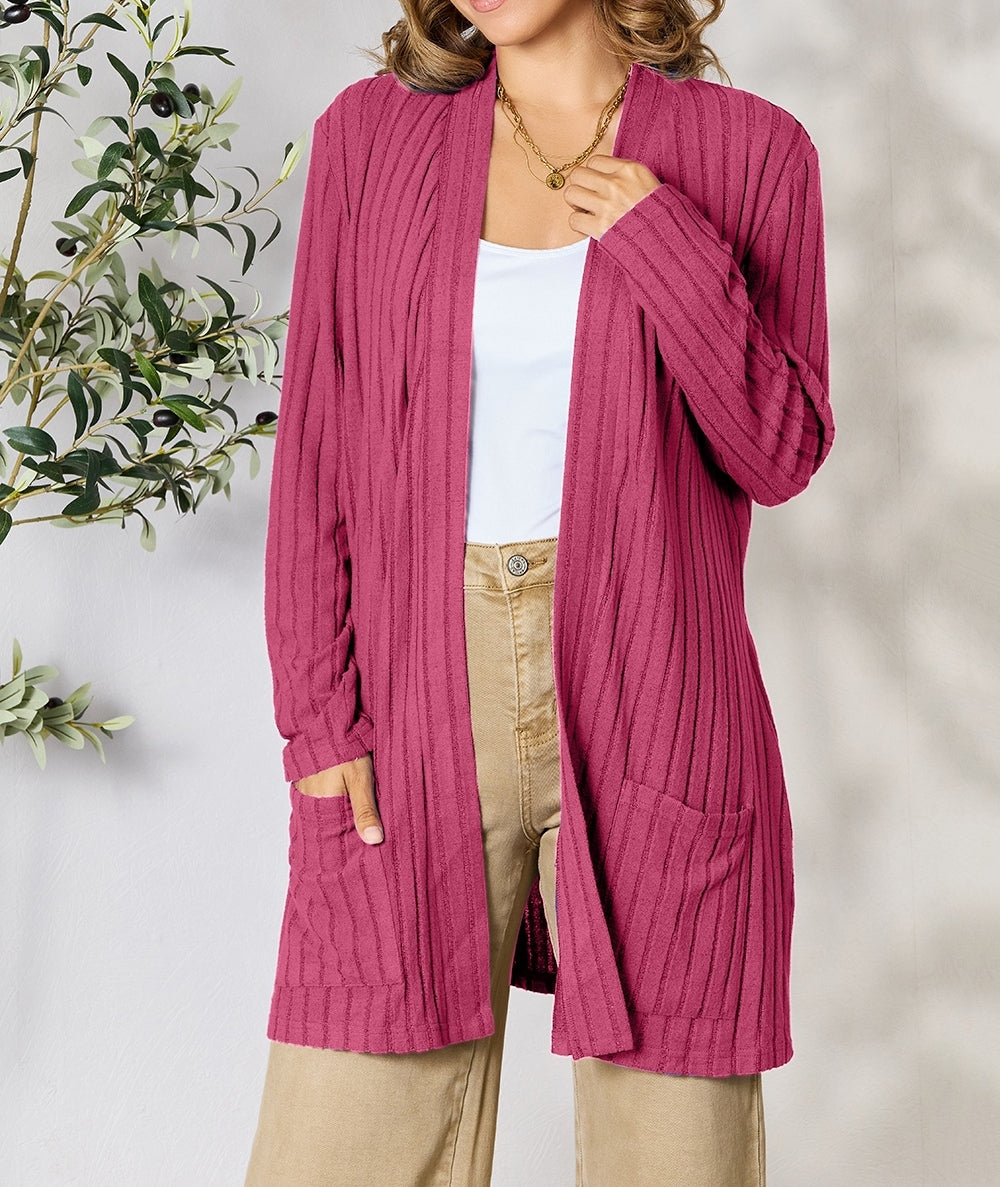 Women Basic Bae Full Size Ribbed Open Front Cardigan with Pockets