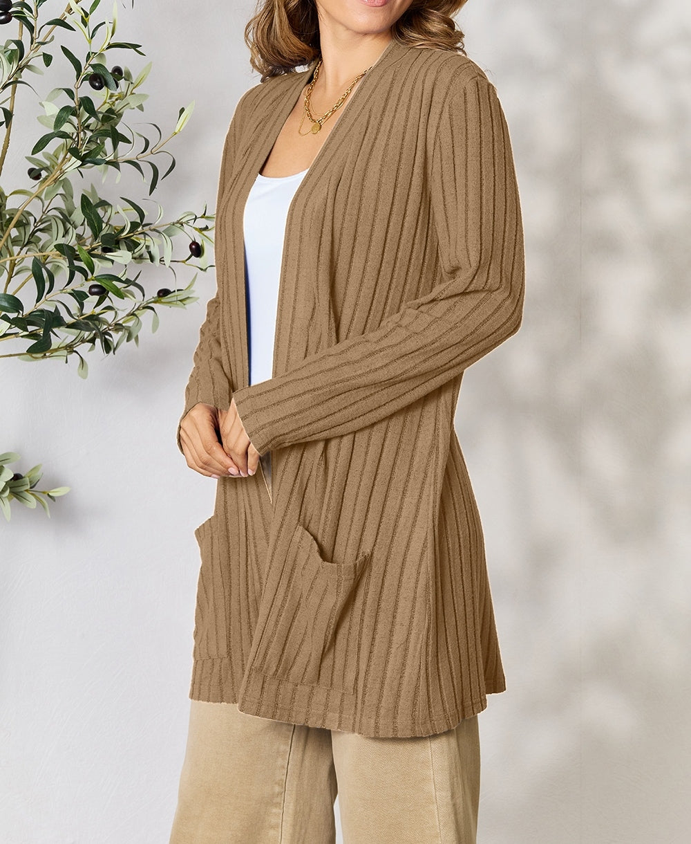 Women Basic Bae Full Size Ribbed Open Front Cardigan with Pockets