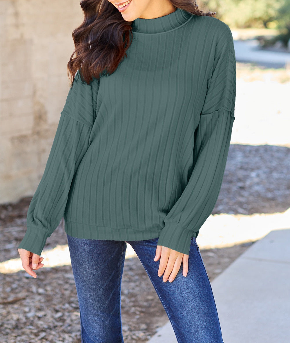Basic Bae Full Size Ribbed Exposed Seam Mock Neck Knit Top Sweater