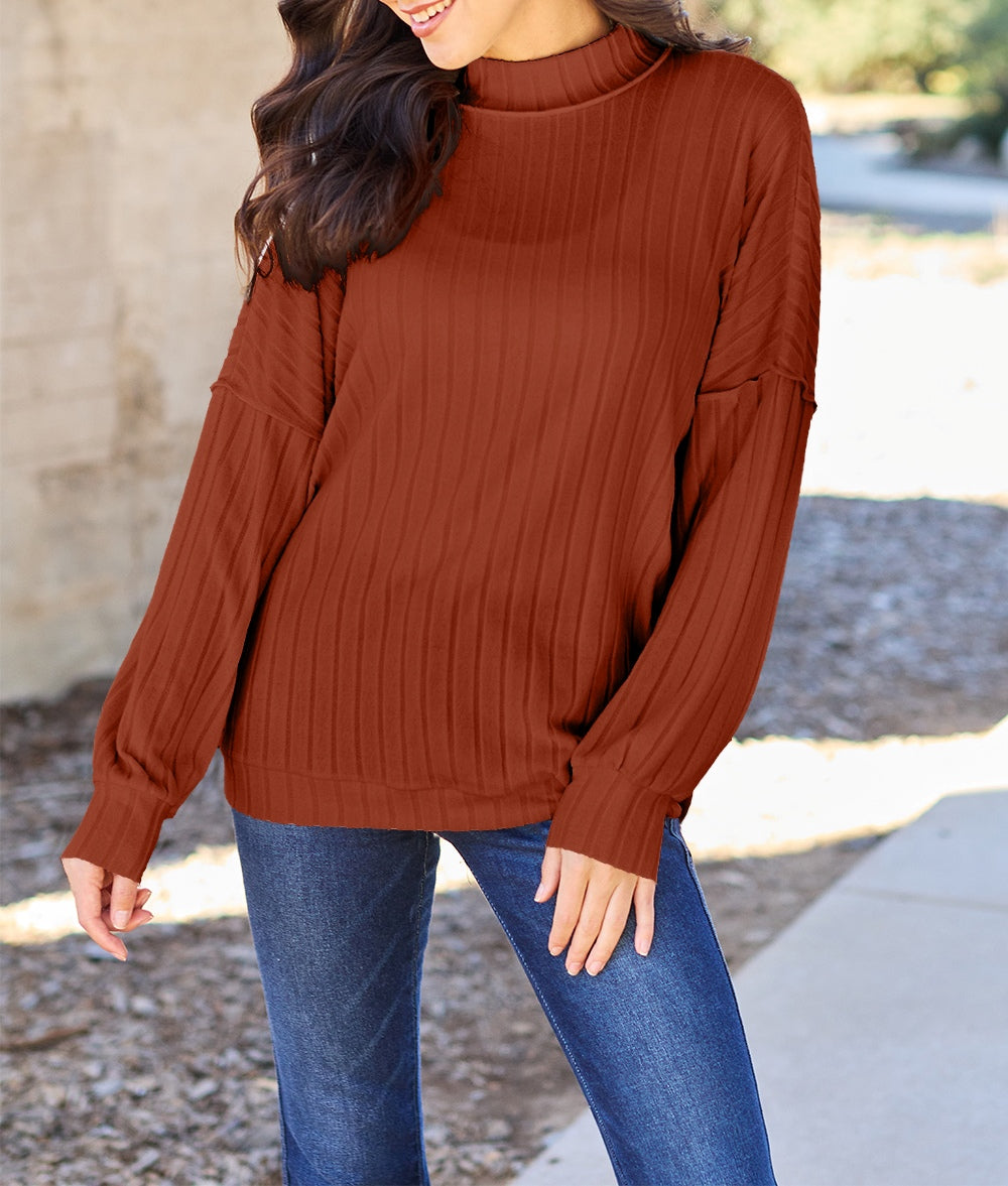Basic Bae Full Size Ribbed Exposed Seam Mock Neck Knit Top Sweater