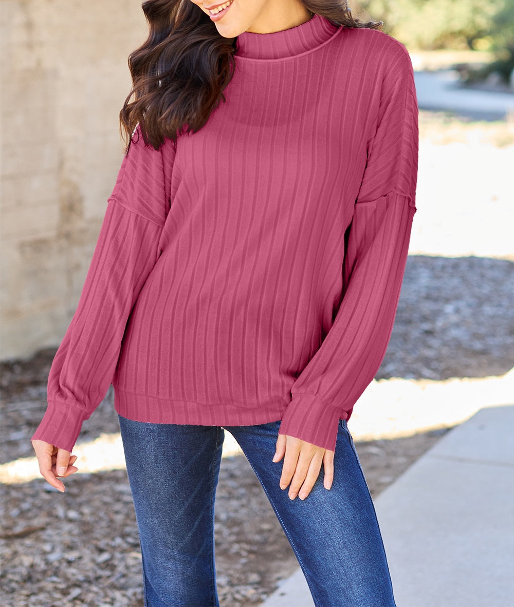 Basic Bae Full Size Ribbed Exposed Seam Mock Neck Knit Top Sweater