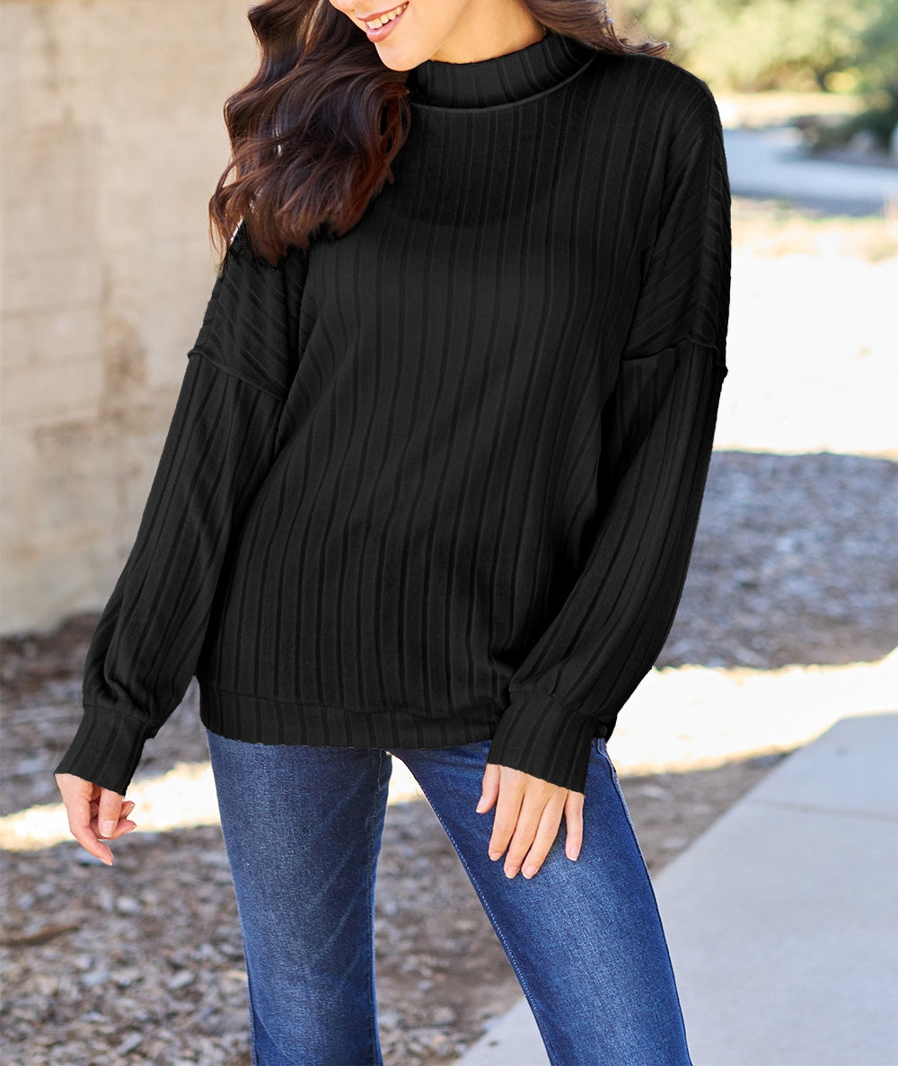 Basic Bae Full Size Ribbed Exposed Seam Mock Neck Knit Top Sweater