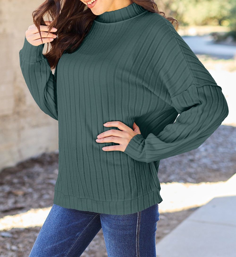 Basic Bae Full Size Ribbed Exposed Seam Mock Neck Knit Top Sweater