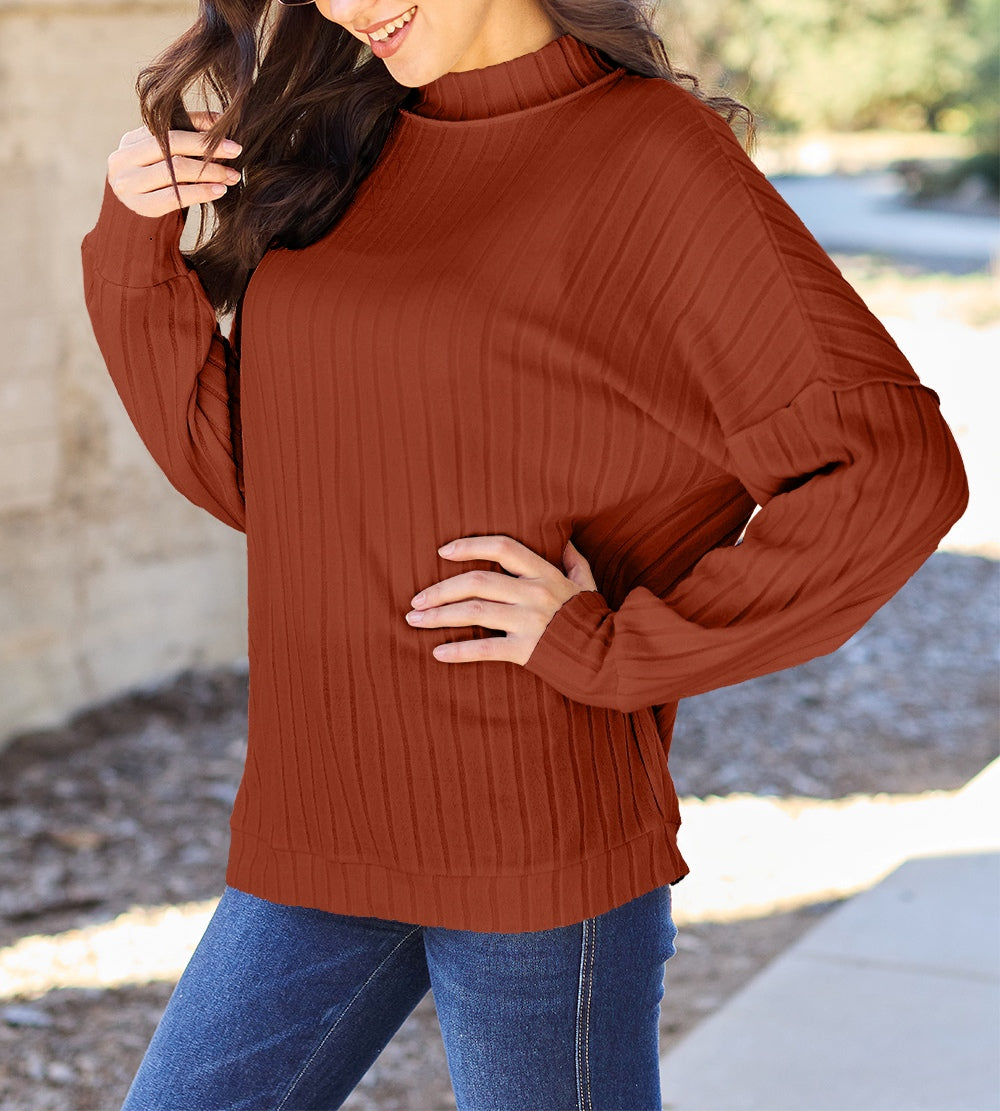 Basic Bae Full Size Ribbed Exposed Seam Mock Neck Knit Top Sweater