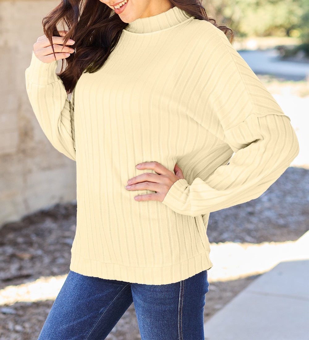 Basic Bae Full Size Ribbed Exposed Seam Mock Neck Knit Top Sweater