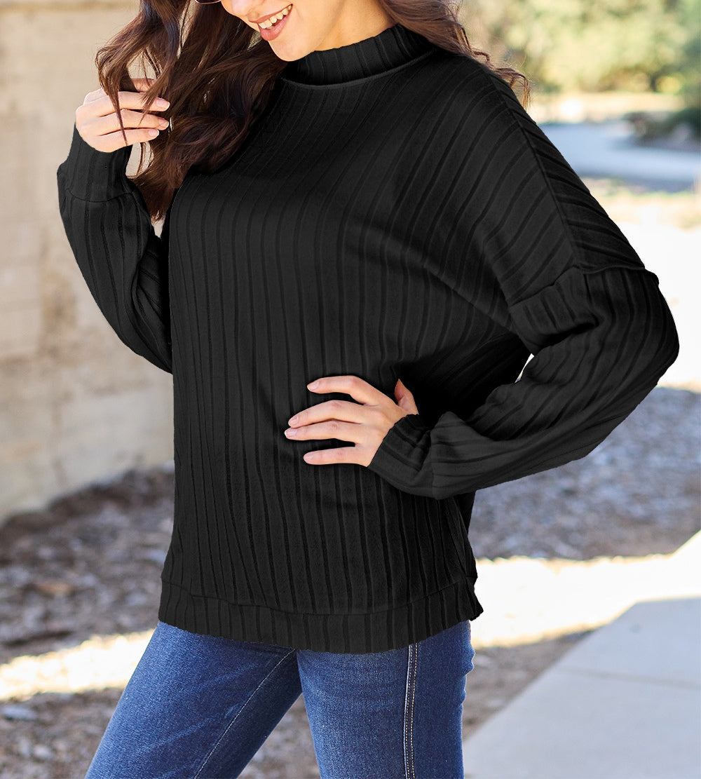 Basic Bae Full Size Ribbed Exposed Seam Mock Neck Knit Top Sweater