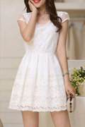 Women Round Neck Flower Lace Short Skirt Dress