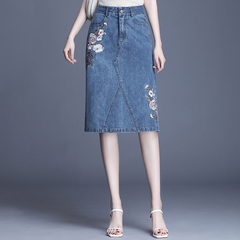 Women Alluring Flower Embroidered Pocket Styled Belt Loops Comfy Denim Skirt
