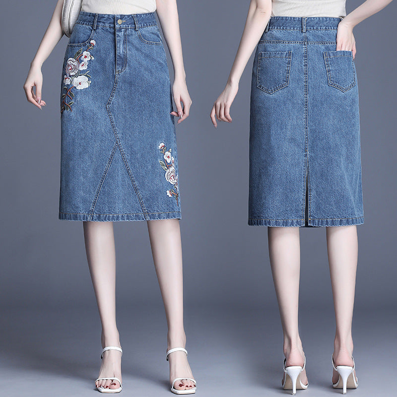 Women Alluring Flower Embroidered Pocket Styled Belt Loops Comfy Denim Skirt