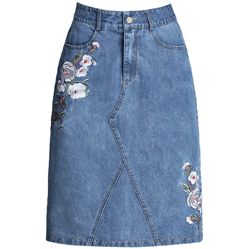 Women Alluring Flower Embroidered Pocket Styled Belt Loops Comfy Denim Skirt