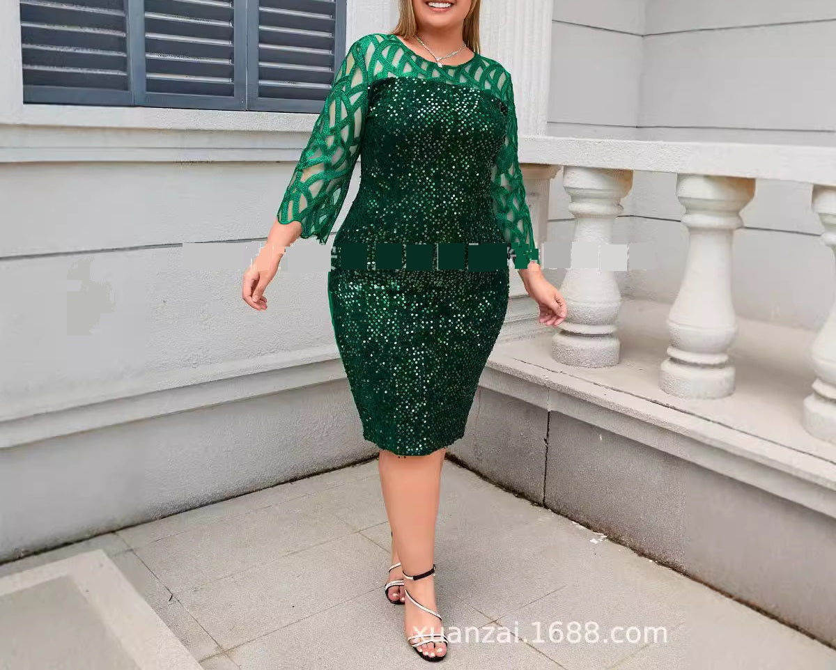 Women Magnificent Round Neck Sequins Decorated Half Sleeve Dress