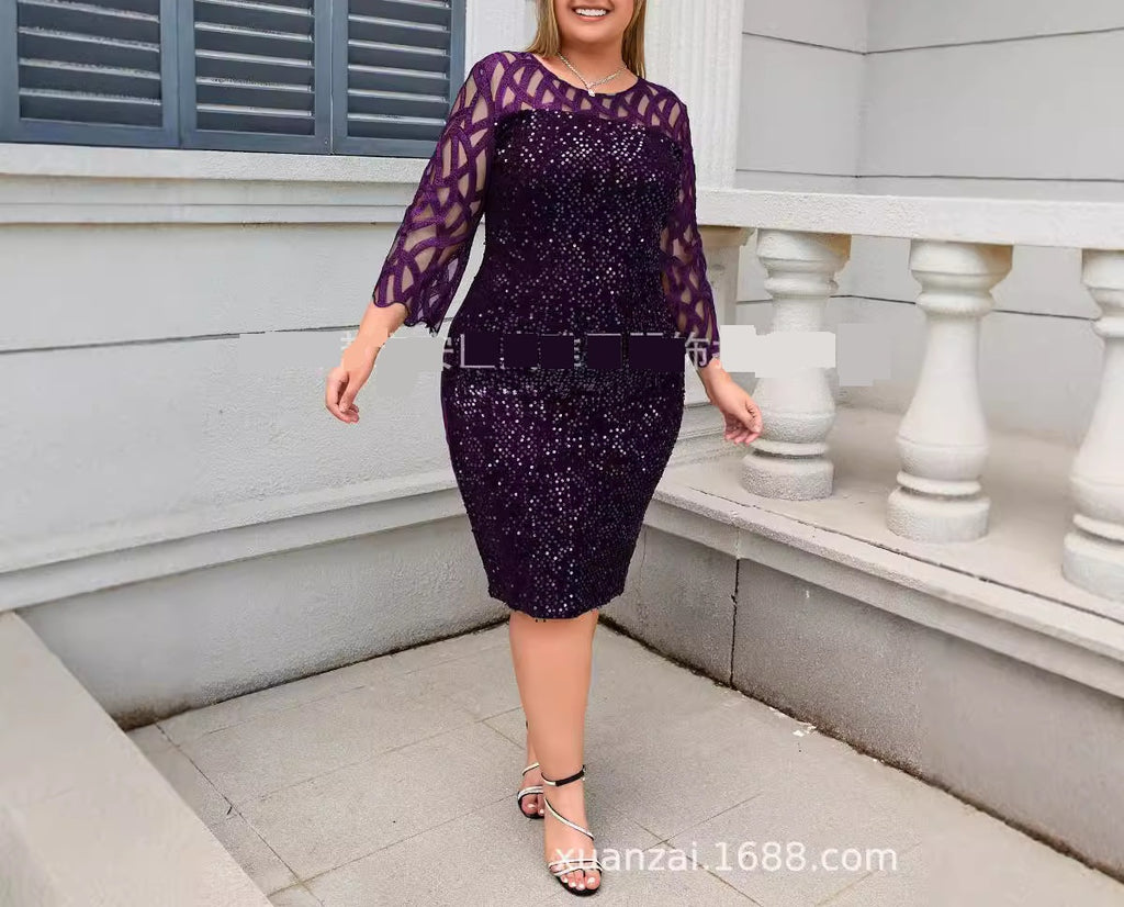 Women Magnificent Round Neck Sequins Decorated Half Sleeve Dress