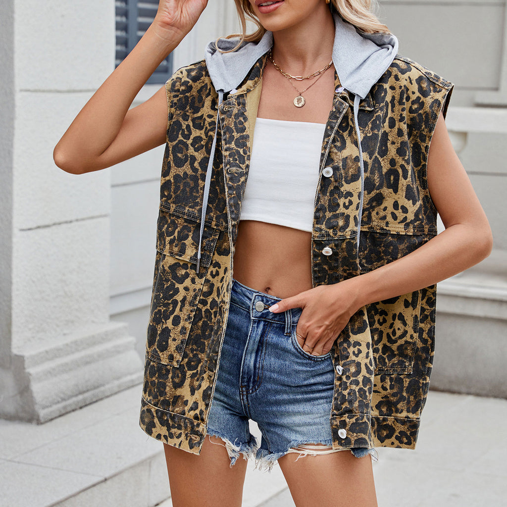 Women's Washed Denim Leopard Print Vest - Loose Fit Sleeveless Waistcoat Top, Casual Streetwear Fashion