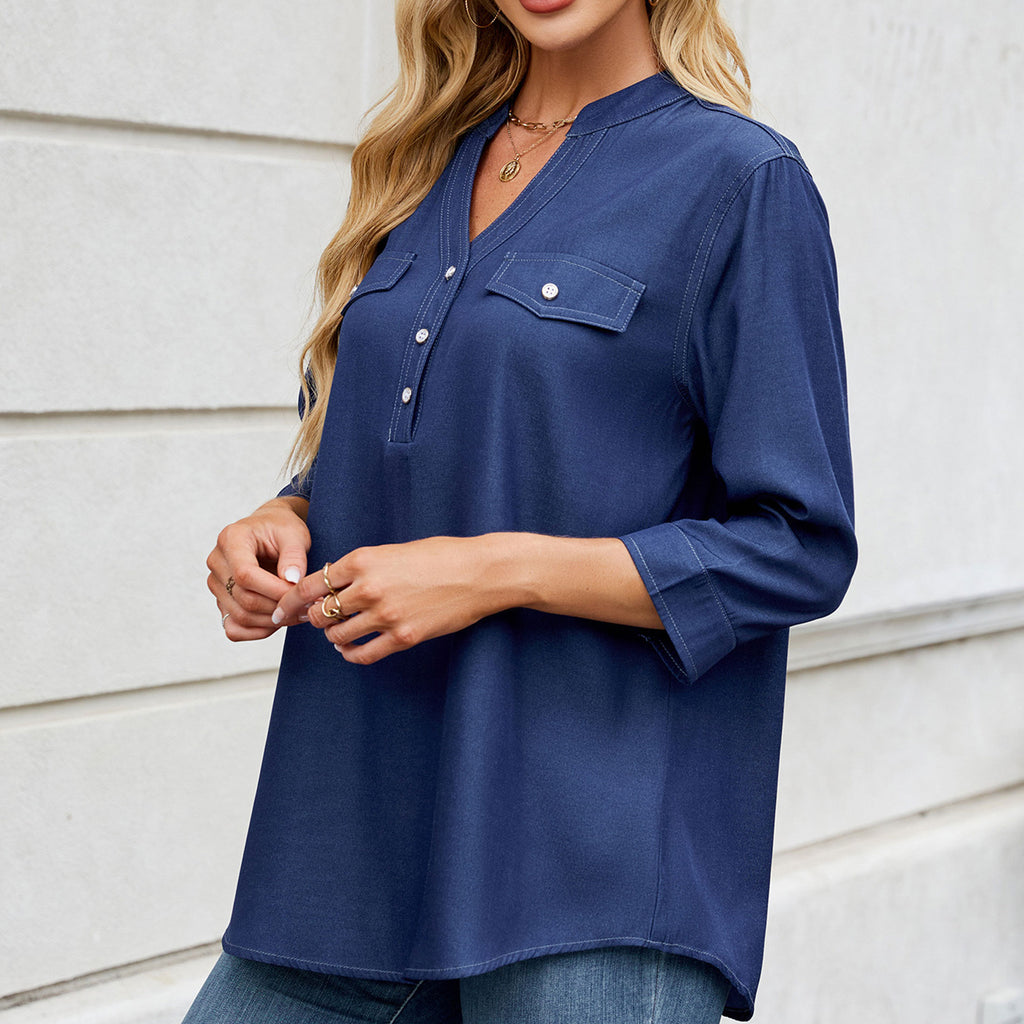 2025 Women's Casual Loose Long Shirt - Spring Summer Lightweight Imitation Denim Tunic Top with Pockets, Button-Down Oversized B