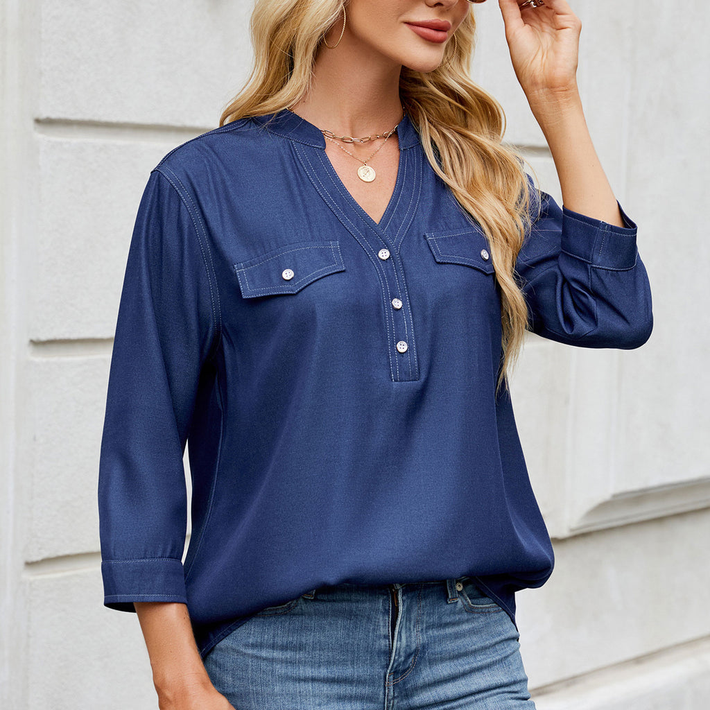 2025 Women's Casual Loose Long Shirt - Spring Summer Lightweight Imitation Denim Tunic Top with Pockets, Button-Down Oversized B