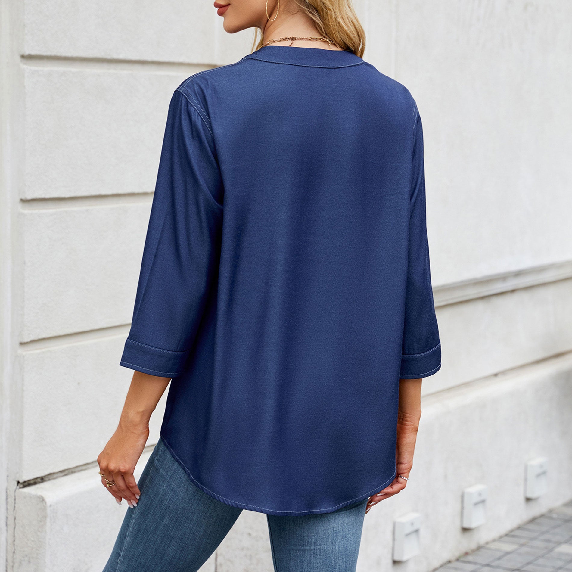 2025 Women's Casual Loose Long Shirt - Spring Summer Lightweight Imitation Denim Tunic Top with Pockets, Button-Down Oversized B