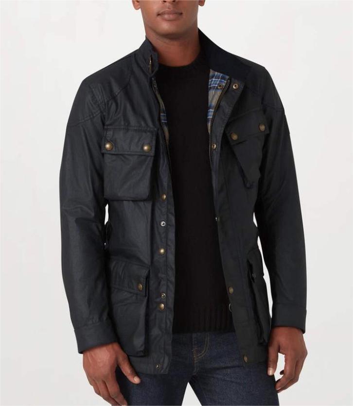 Men’s Plaid-Lined Workwear Jacket with Belt and Zipper