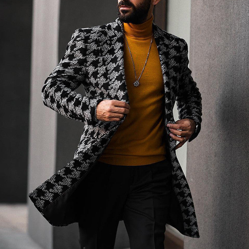 Winter Mid-Length Printed Suit Collar Men's Fashion Coat
