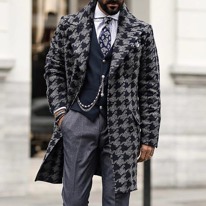 Winter Mid-Length Printed Suit Collar Men's Fashion Coat