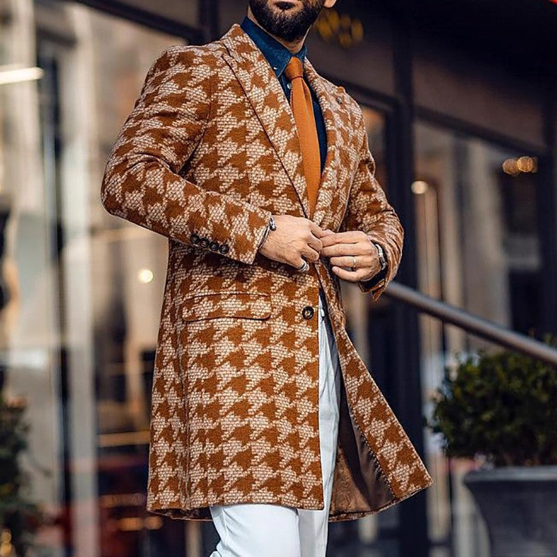 Winter Mid-Length Printed Suit Collar Men's Fashion Coat