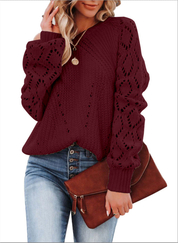 Women’s Hollow Knit Crewneck Sweater – Solid Color Loose Fit Autumn & Winter Top