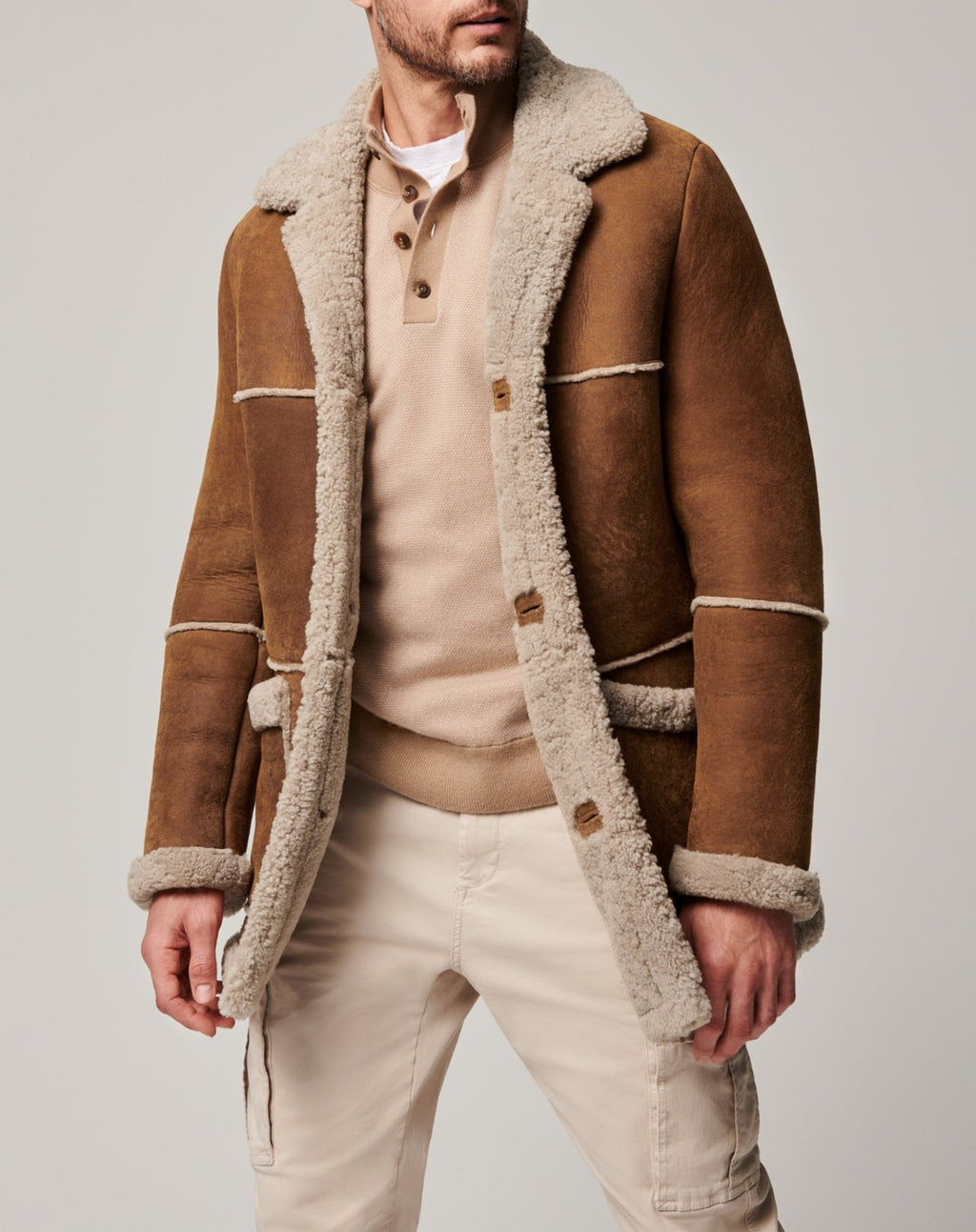 Men’s Mid-Length Sheepskin Coat – Fur-Lined Single-Breasted Winter Jacket with Patch Pockets