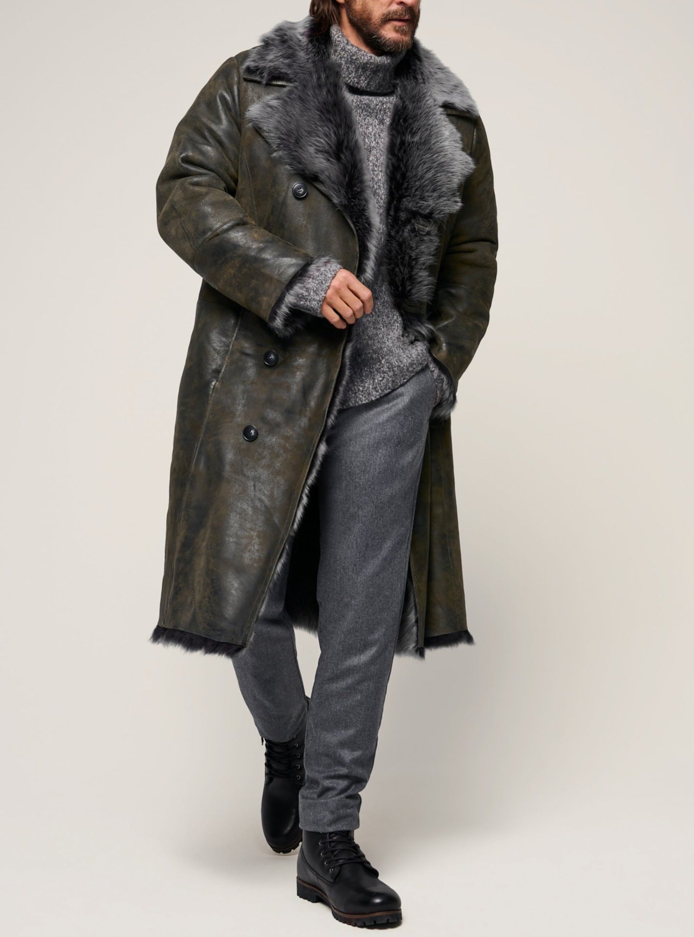 Men’s Double-Breasted Long Fur Coat – Large Lapel Winter Overcoat for Autumn & Winter