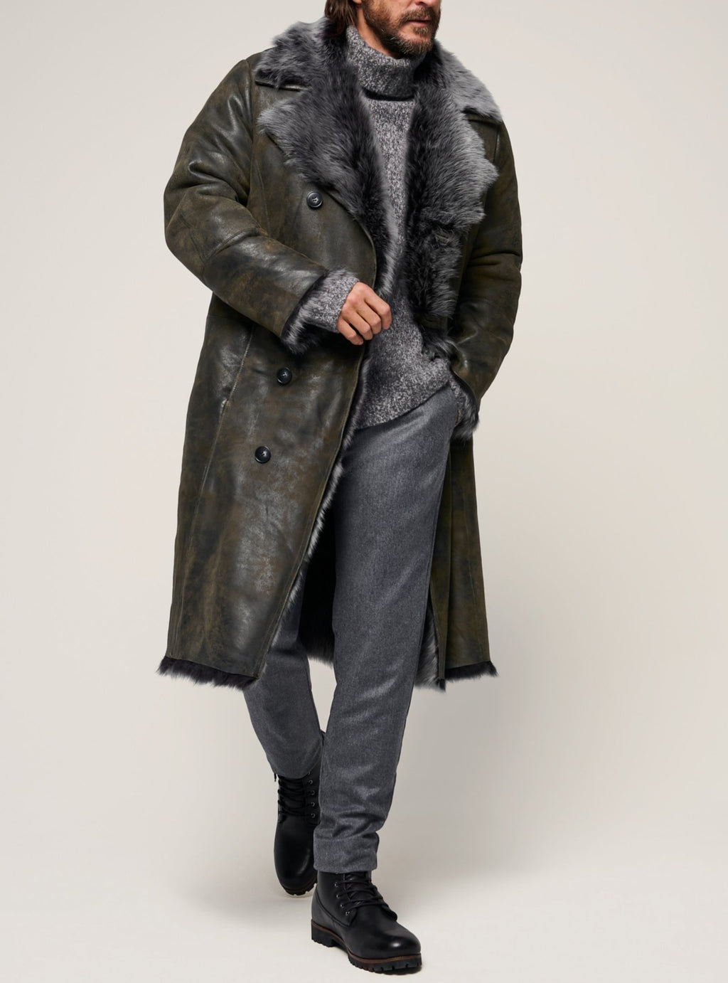 Men’s Double-Breasted Long Fur Coat – Large Lapel Winter Overcoat for Autumn & Winter