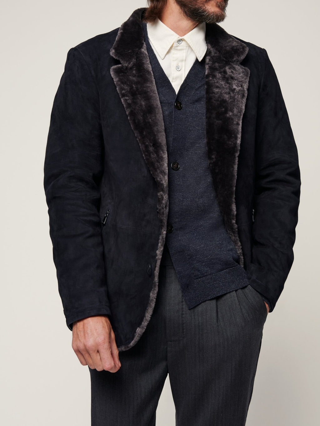 Men’s Retro Fur Jacket – One-Piece Single-Breasted Casual Winter Coat with Zipper Pockets