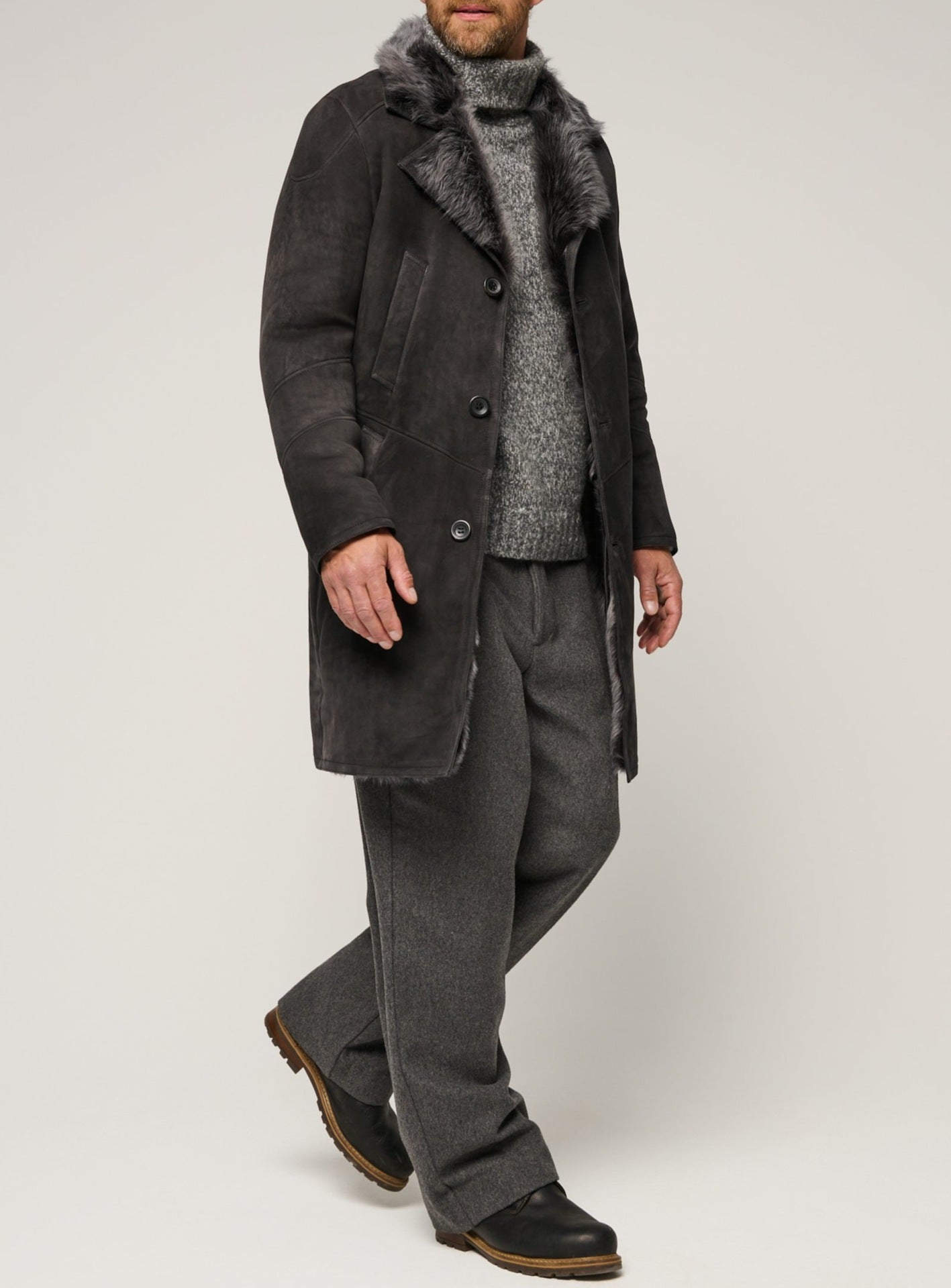 Men’s Tuscany-Style Faux Sheepskin Coat – One-Piece Fur Winter Jacket for Autumn & Winter