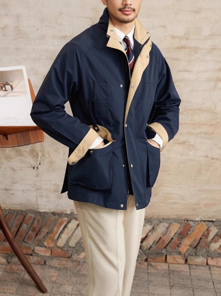 Men’s Retro Windbreaker – Contrast Color Stand Collar Hunting Jacket for Autumn & Winter