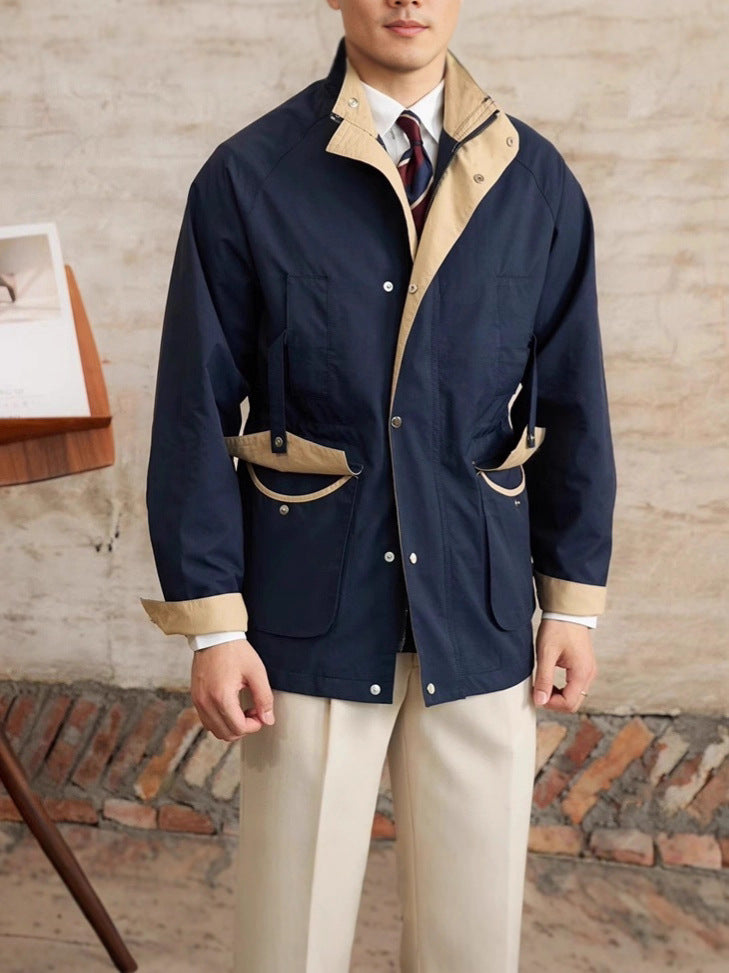 Men’s Retro Windbreaker – Contrast Color Stand Collar Hunting Jacket for Autumn & Winter